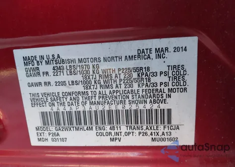 2014 Mitsubishi Outlander Sport Es z USA, uszkodzony, nr VIN 4A4AP3AU2EE025424